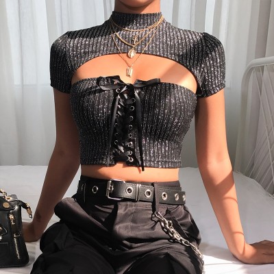 Dark Gray Crop Top with Lace up Front Short